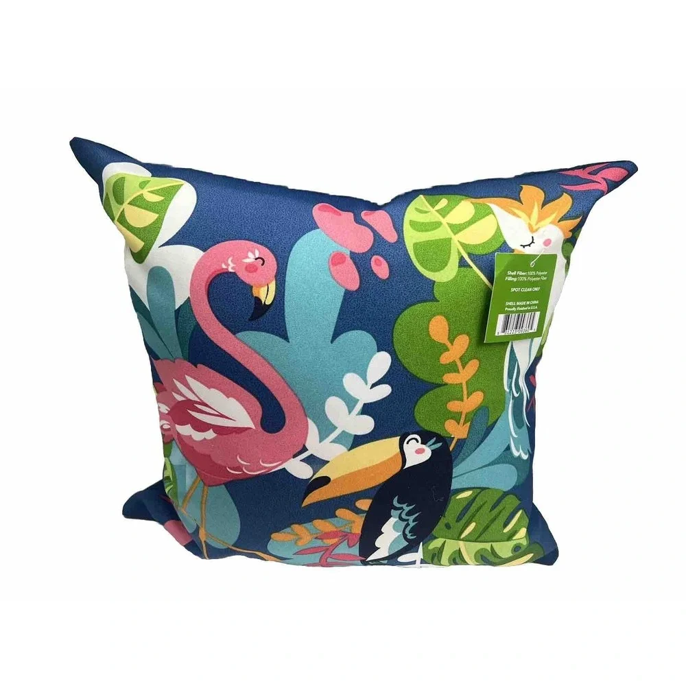 2 Throw Pillows Outdoor Tropical Birds Blue 16 X 16 New